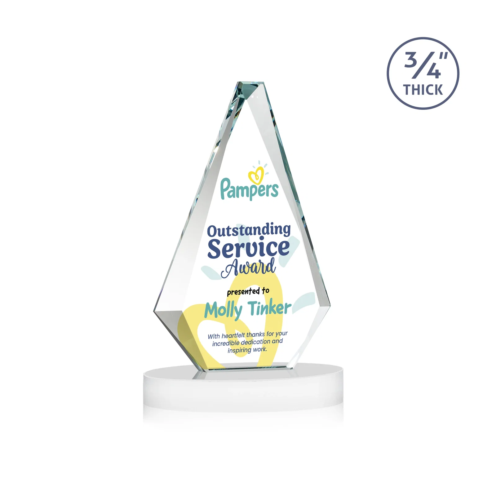 Custom engraved Starfire Crystal Diamond Award, 3/4 Inch Thick on Alberton Base for company anniversary events