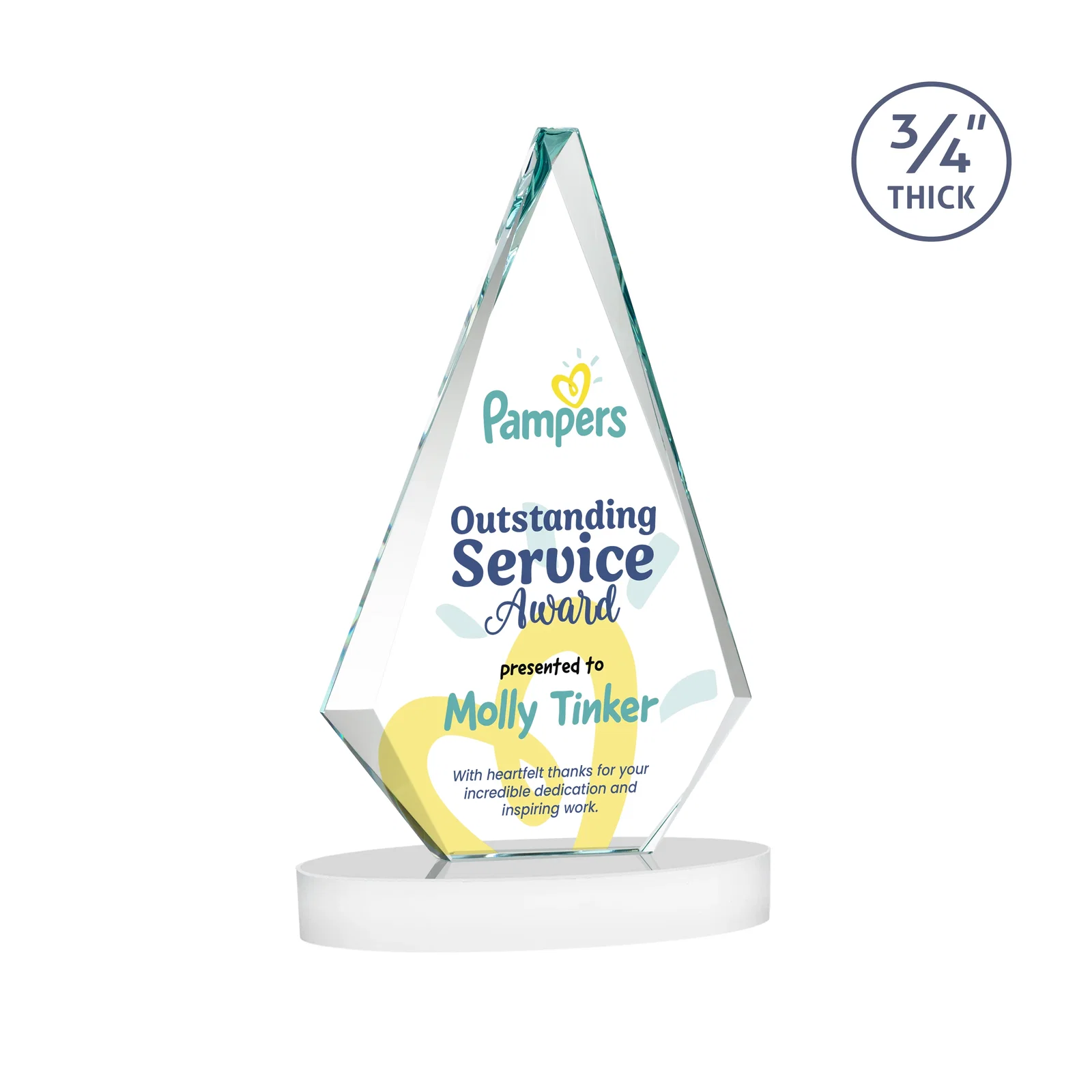 Custom Starfire Crystal Diamond Award, 3/4 Inch Thick on Alberton Base, with your logo for employee recognition
