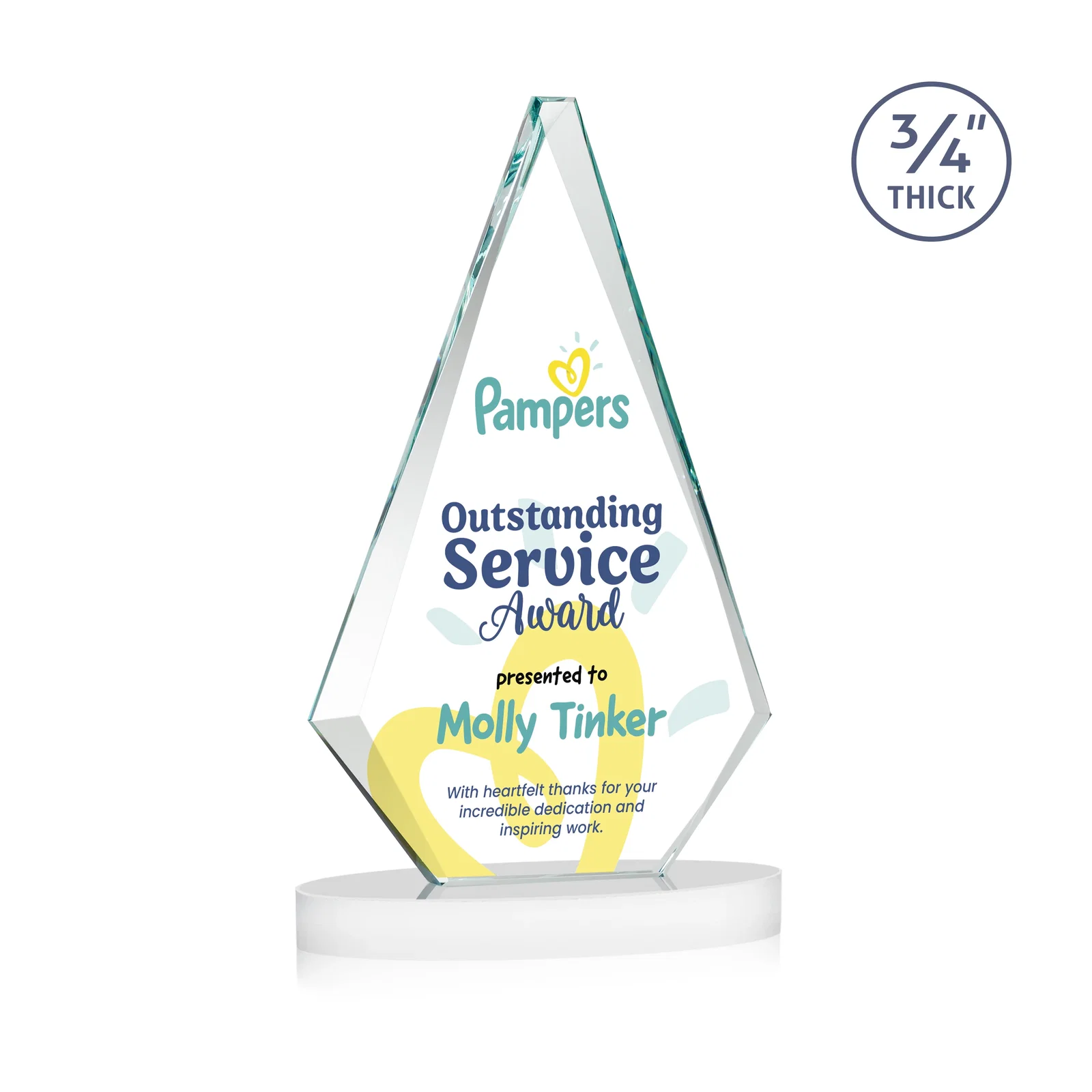 Custom Starfire Crystal Diamond Award, 3/4 Inch Thick on Alberton Base, with your logo for corporate award ceremonies