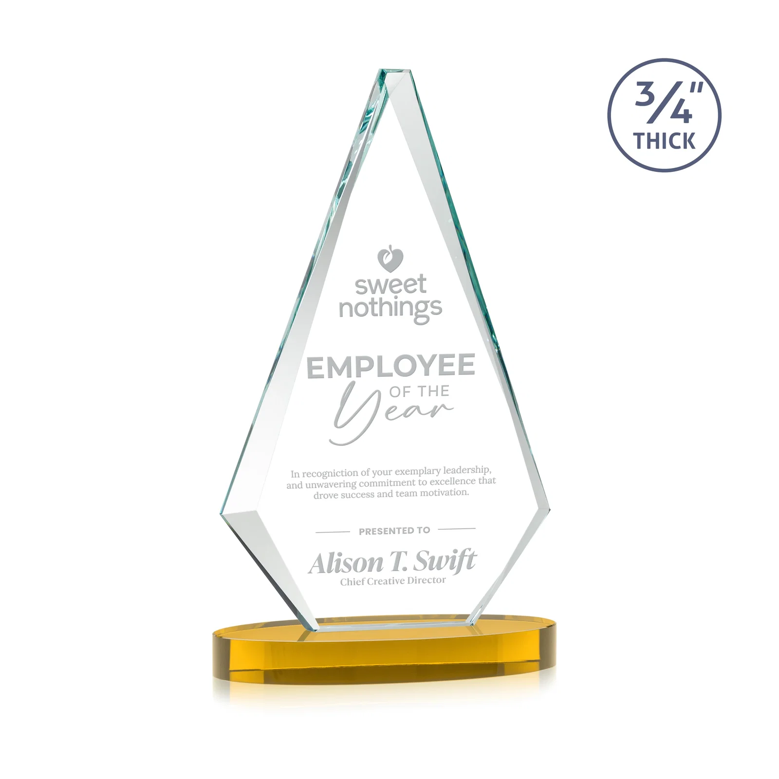 Custom Starfire Crystal Diamond Award, 3/4 Inch Thick on Alberton Base for safety achievement programs