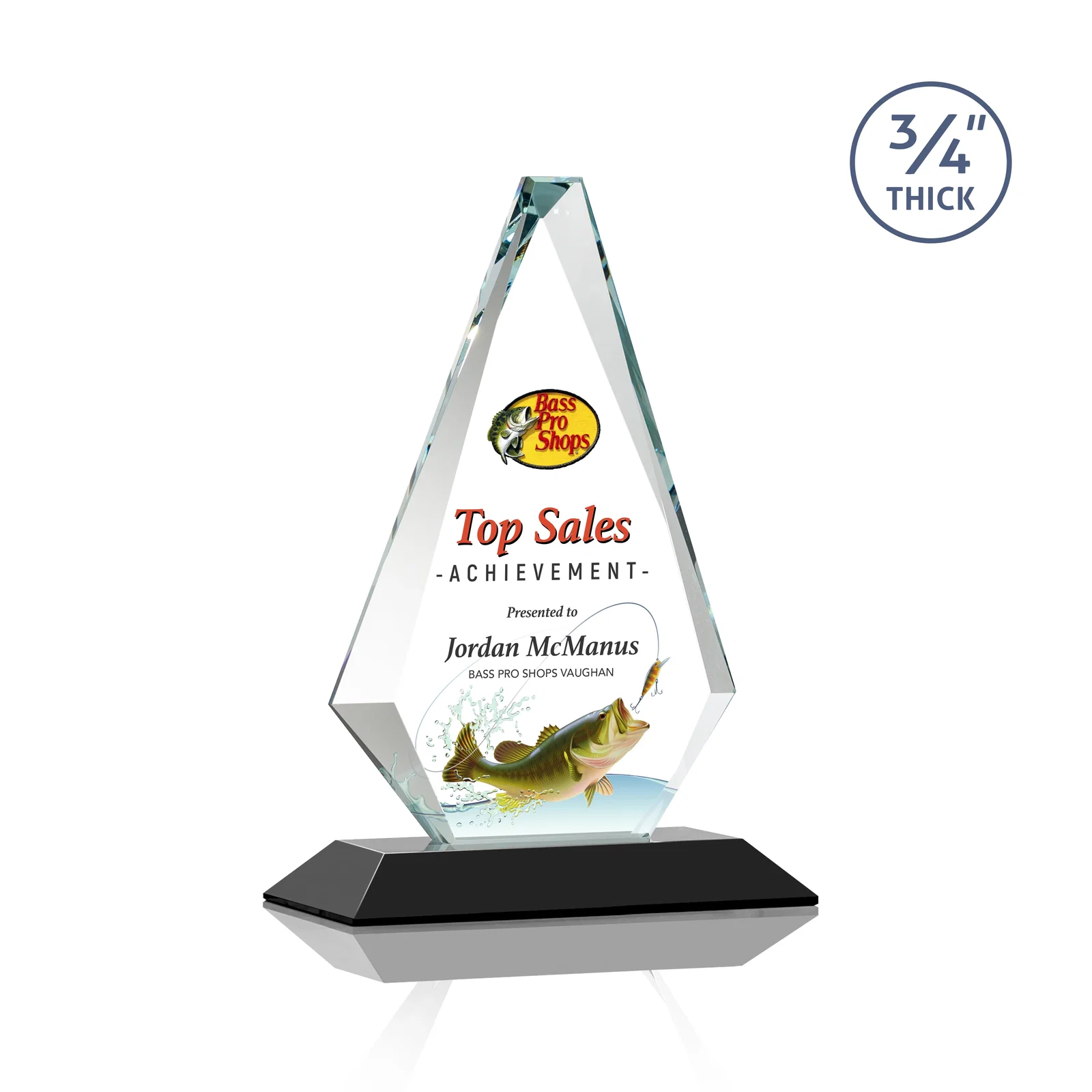 Customized Starfire Crystal Diamond Award With Etch and VividPrint Accent for retirement presentations
