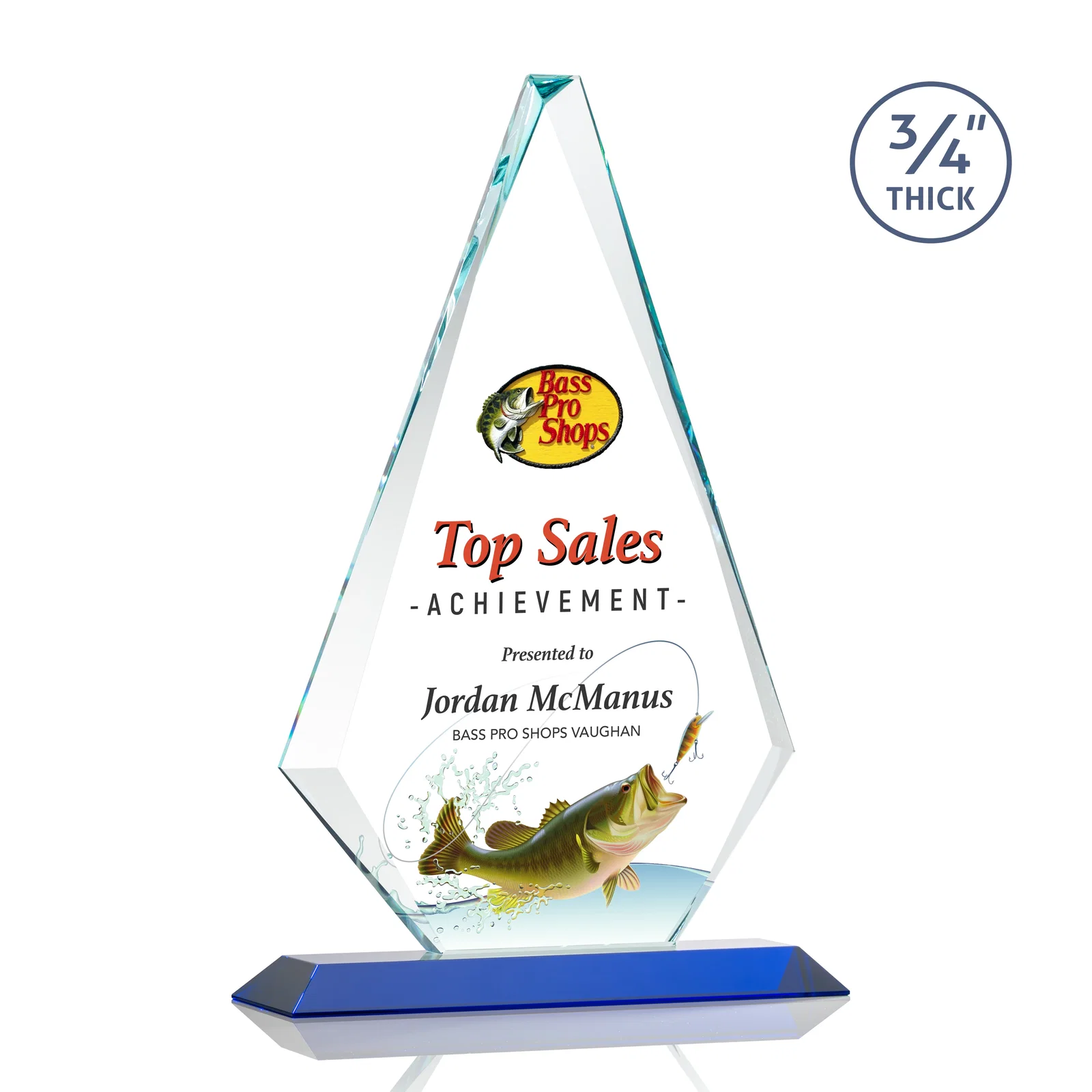 Custom engraved Starfire Crystal Diamond Award With Etch and VividPrint Accent for employee recognition