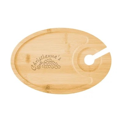 Bamboo serving tray with a recessed slot for a wine glass