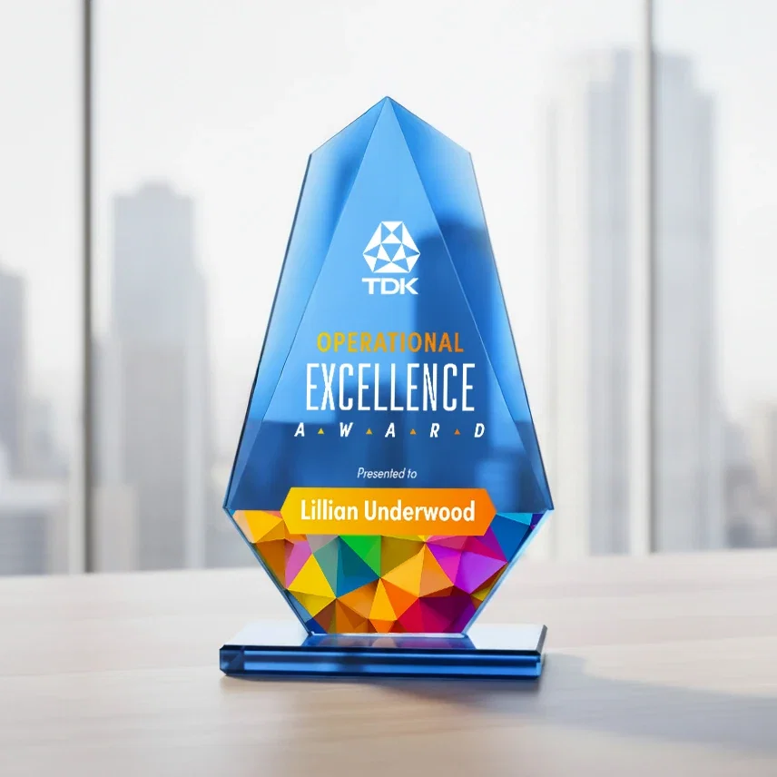 Custom All-Blue Starfire Crystal Award with Tapered Bevel Edge, awards for volunteer appreciation