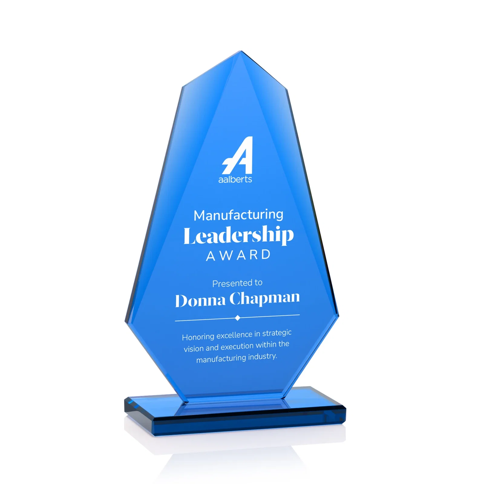 Custom All-Blue Starfire Crystal Award with Tapered Bevel Edge, awards for service anniversary gifts