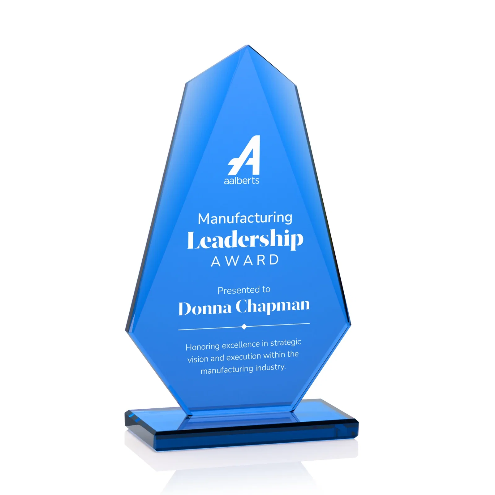 Custom All-Blue Starfire Crystal Award with Tapered Bevel Edge, awards for sales achievement awards