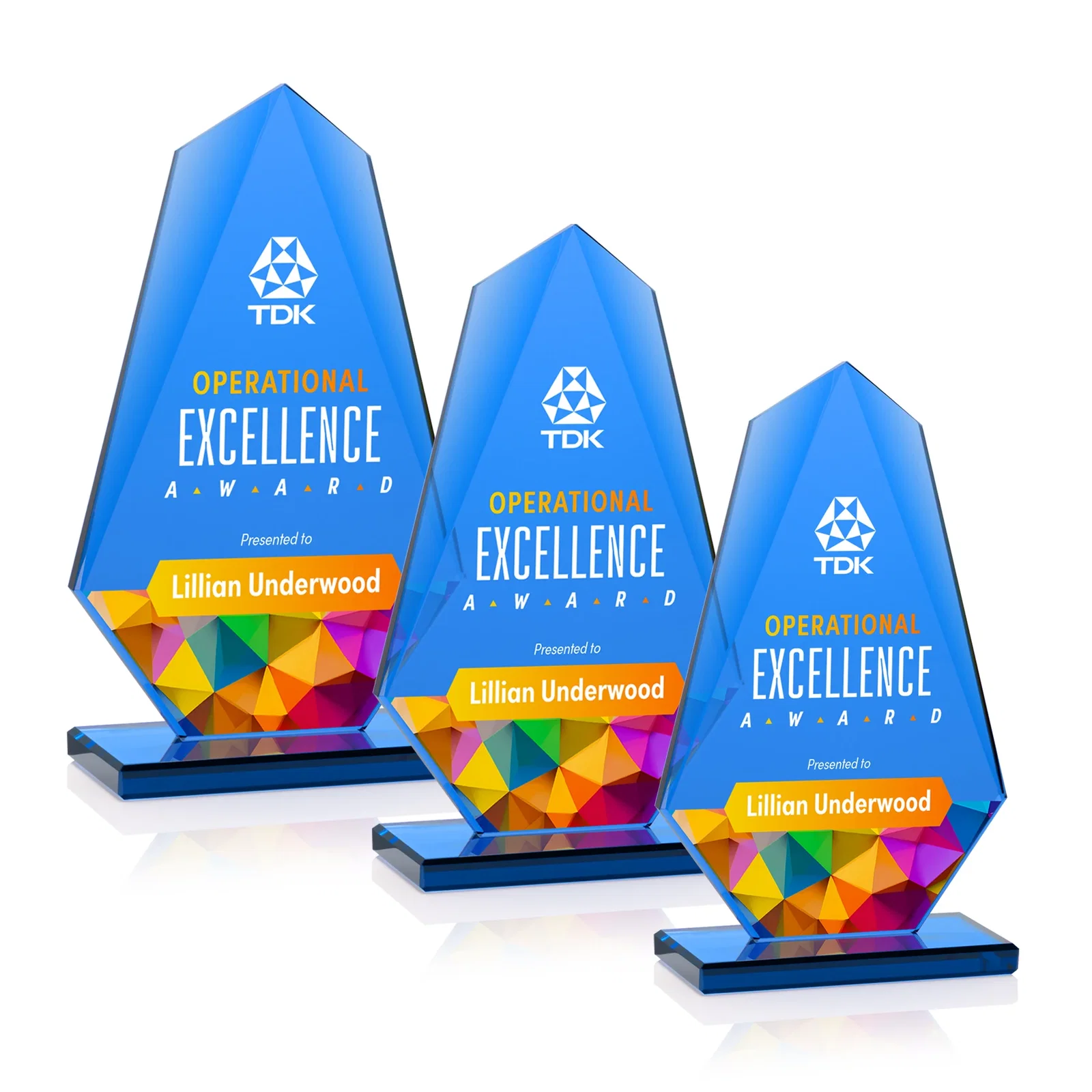 Custom All-Blue Starfire Crystal Award with Tapered Bevel Edge, awards for team milestone celebrations