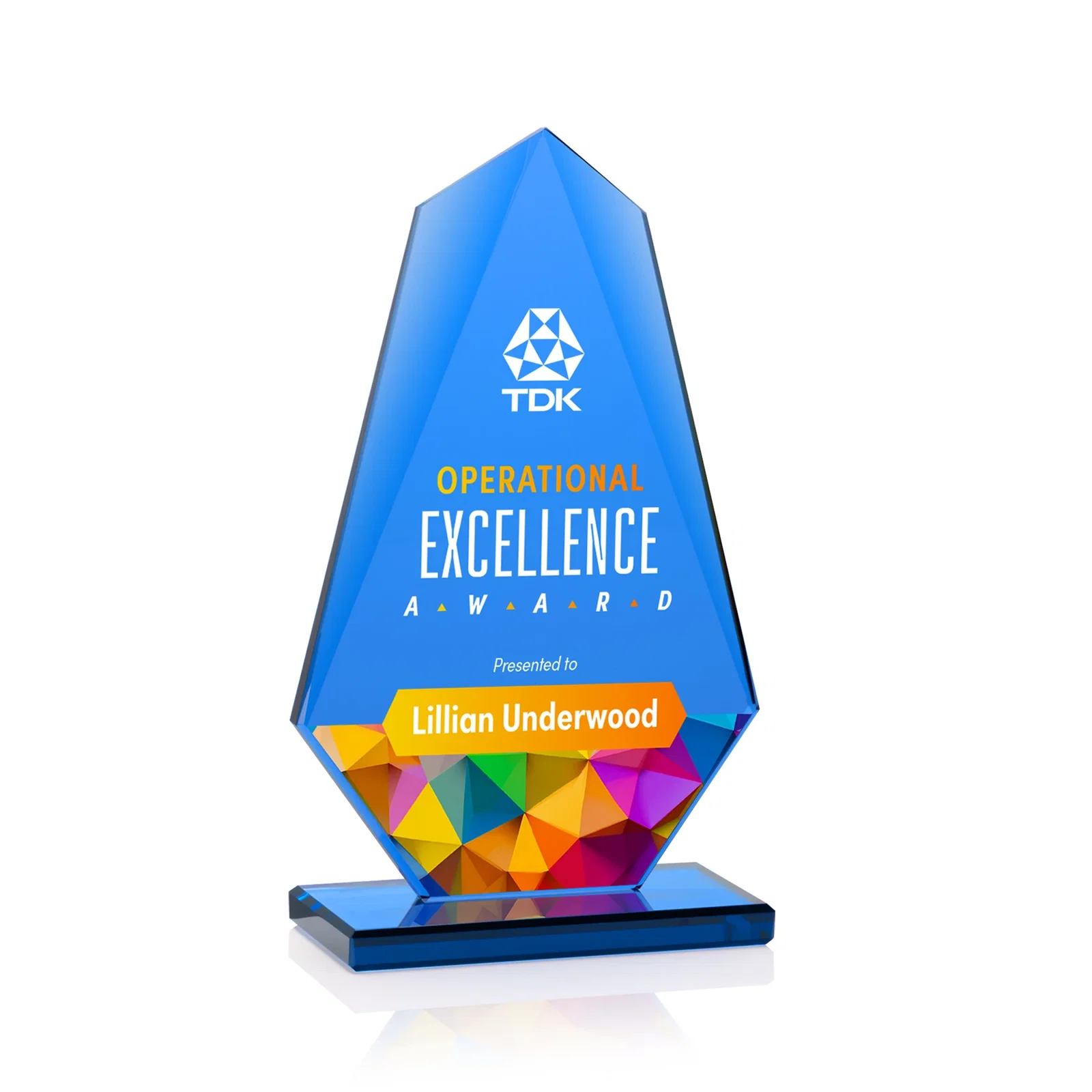 Custom All-Blue Starfire Crystal Award with Tapered Bevel Edge, awards for donor appreciation