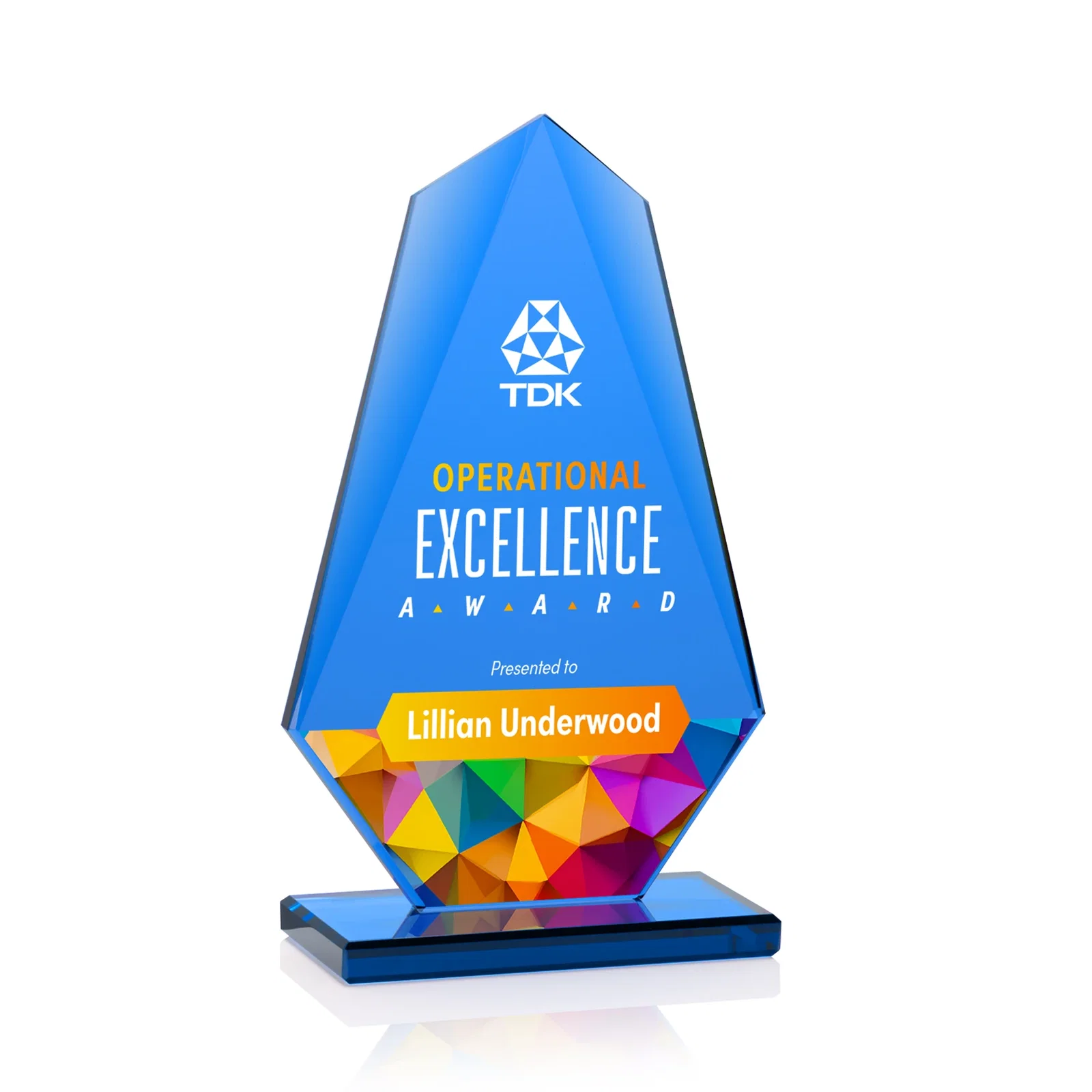 Custom All-Blue Starfire Crystal Award with Tapered Bevel Edge, awards for graduation ceremonies