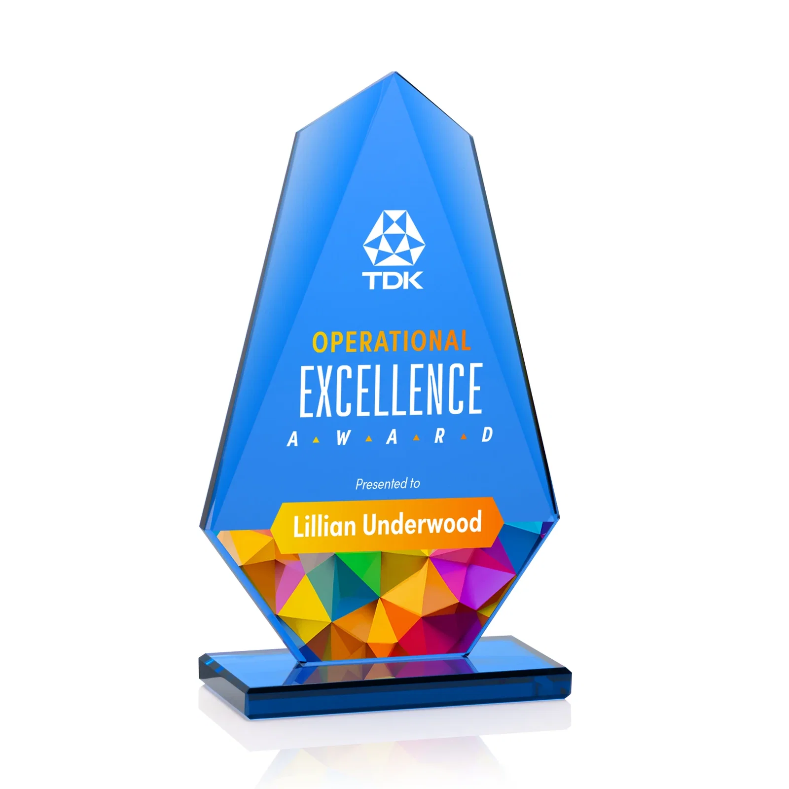 Custom All-Blue Starfire Crystal Award with Tapered Bevel Edge, awards for safety achievement programs