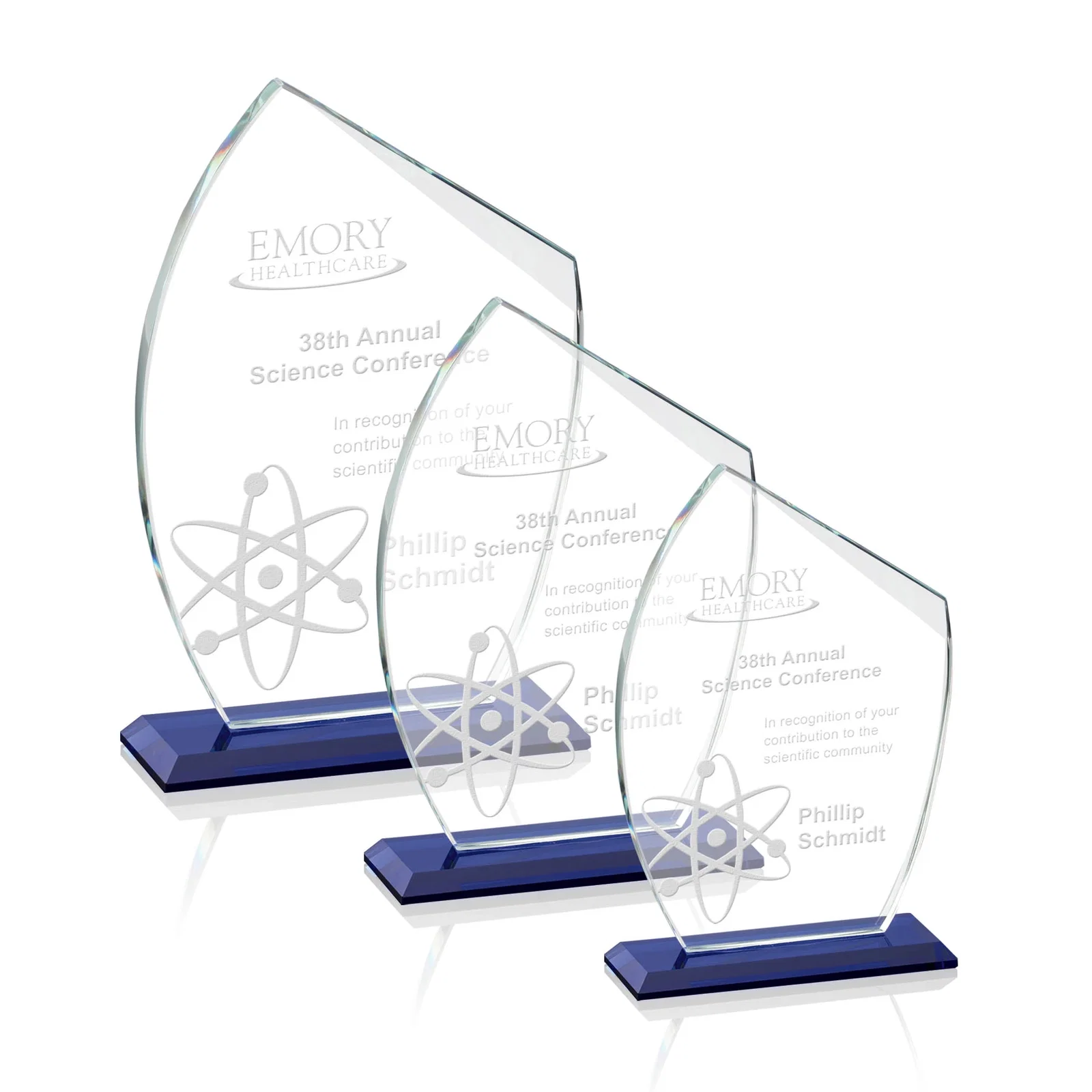 Custom Starfire Crystal Award With Slanted Top on Sapphire Base, awards for employee recognition