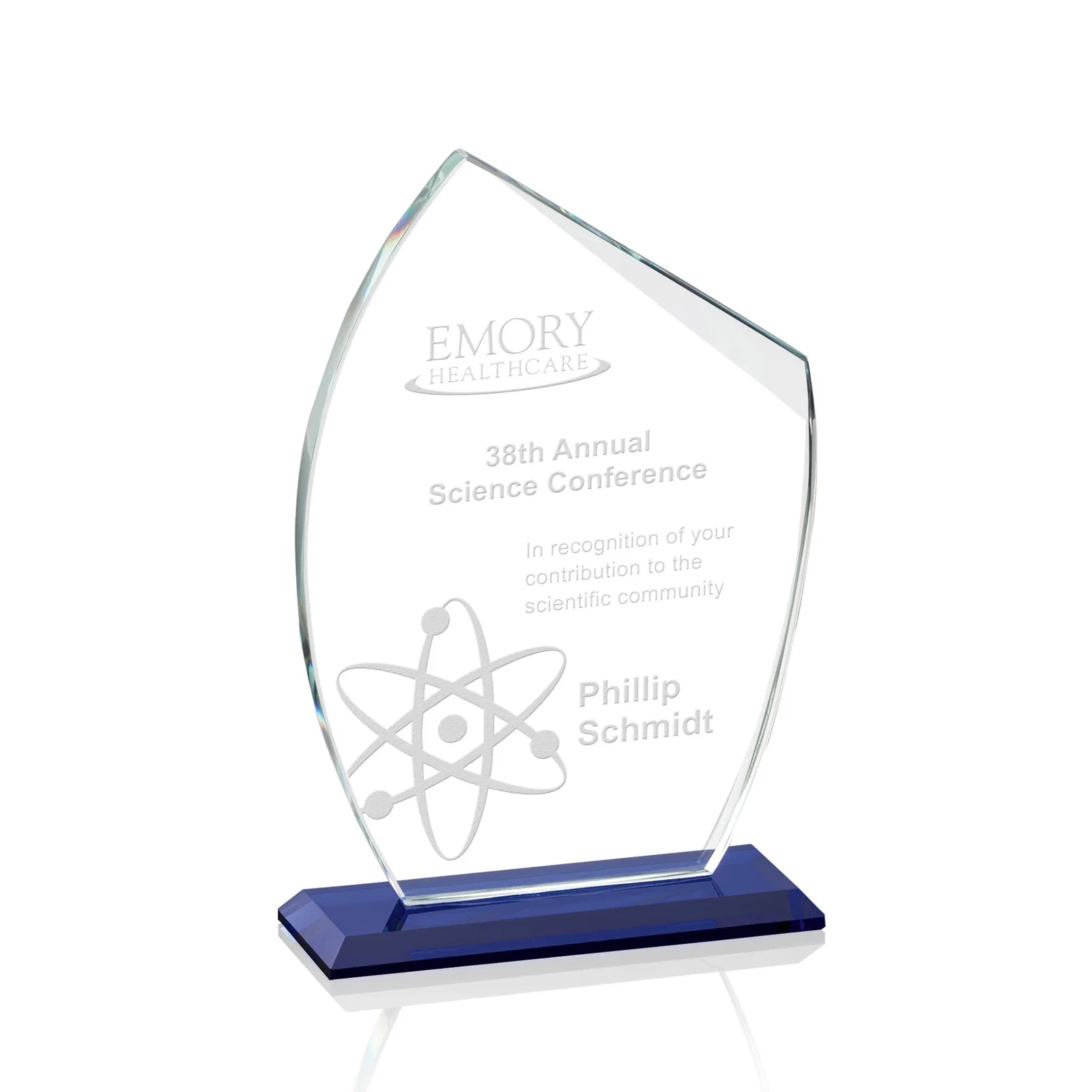Custom Starfire Crystal Award With Slanted Top on Sapphire Base, awards for corporate award ceremonies