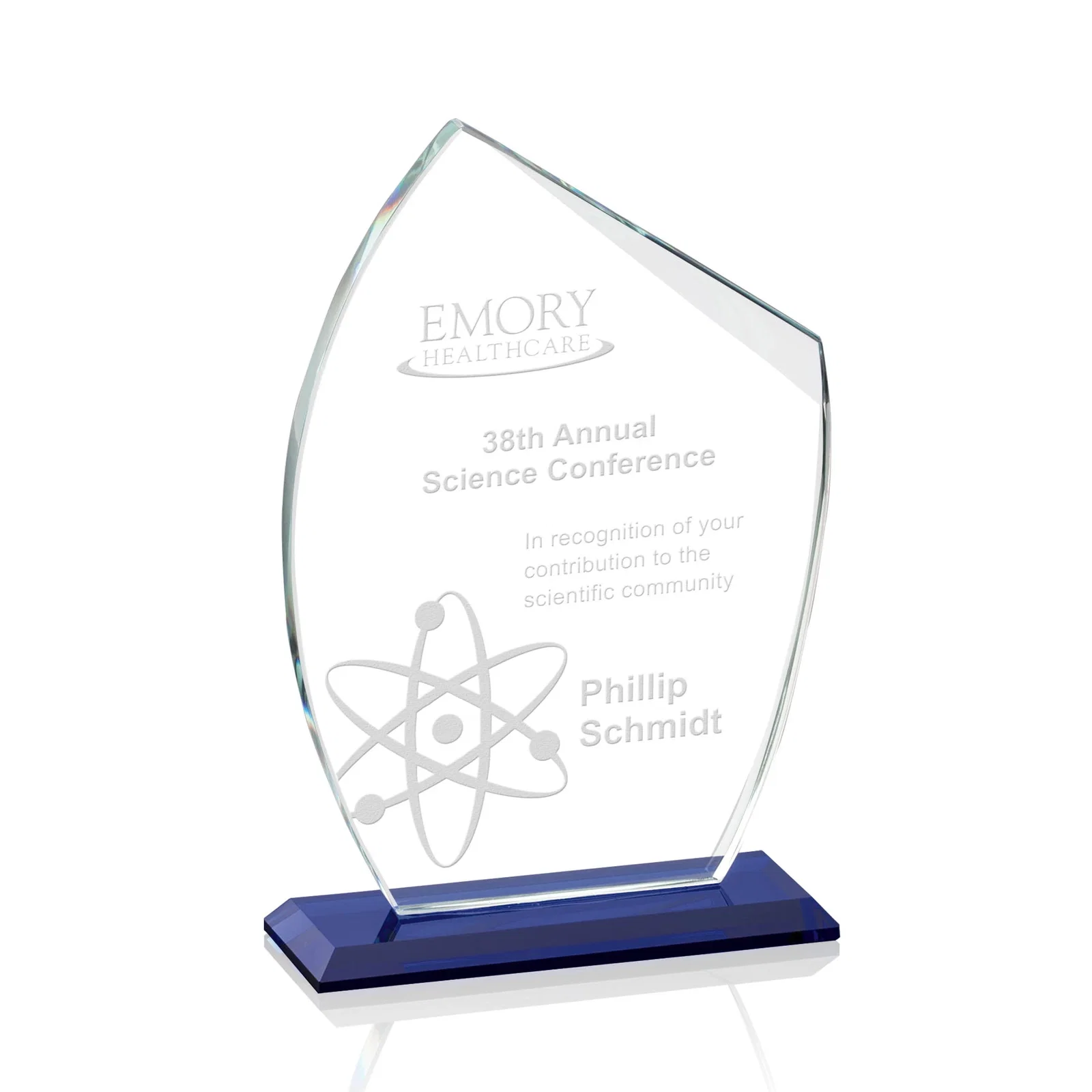 Custom Starfire Crystal Award With Slanted Top on Sapphire Base, awards for service anniversary gifts