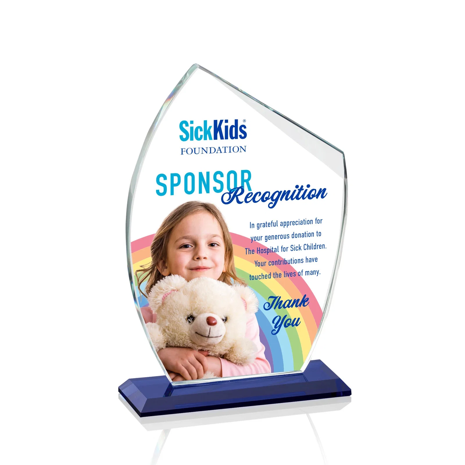 Custom Starfire Crystal Award With Slanted Top on Sapphire Base, awards for team milestone celebrations