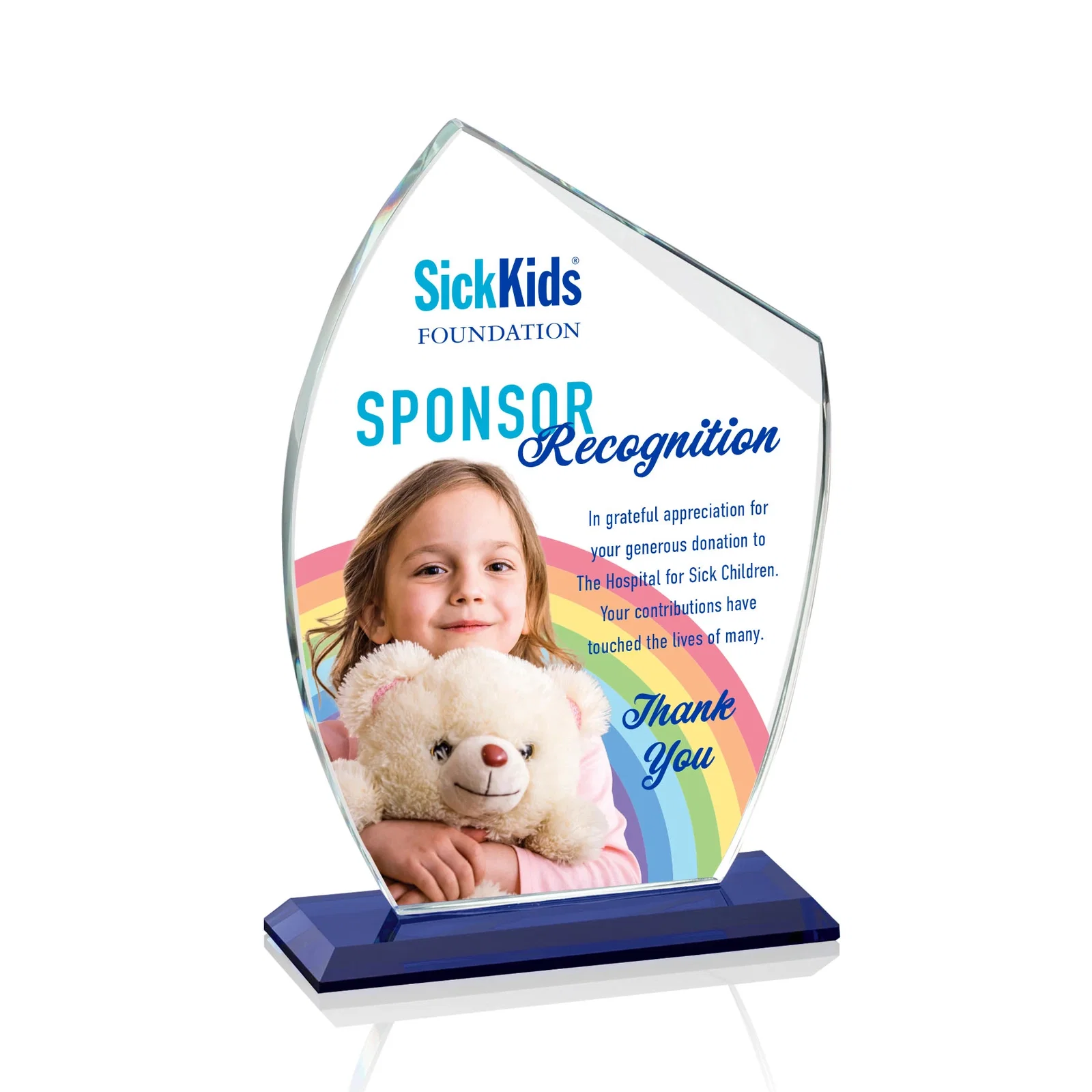 Custom Starfire Crystal Award With Slanted Top on Sapphire Base, awards for donor appreciation