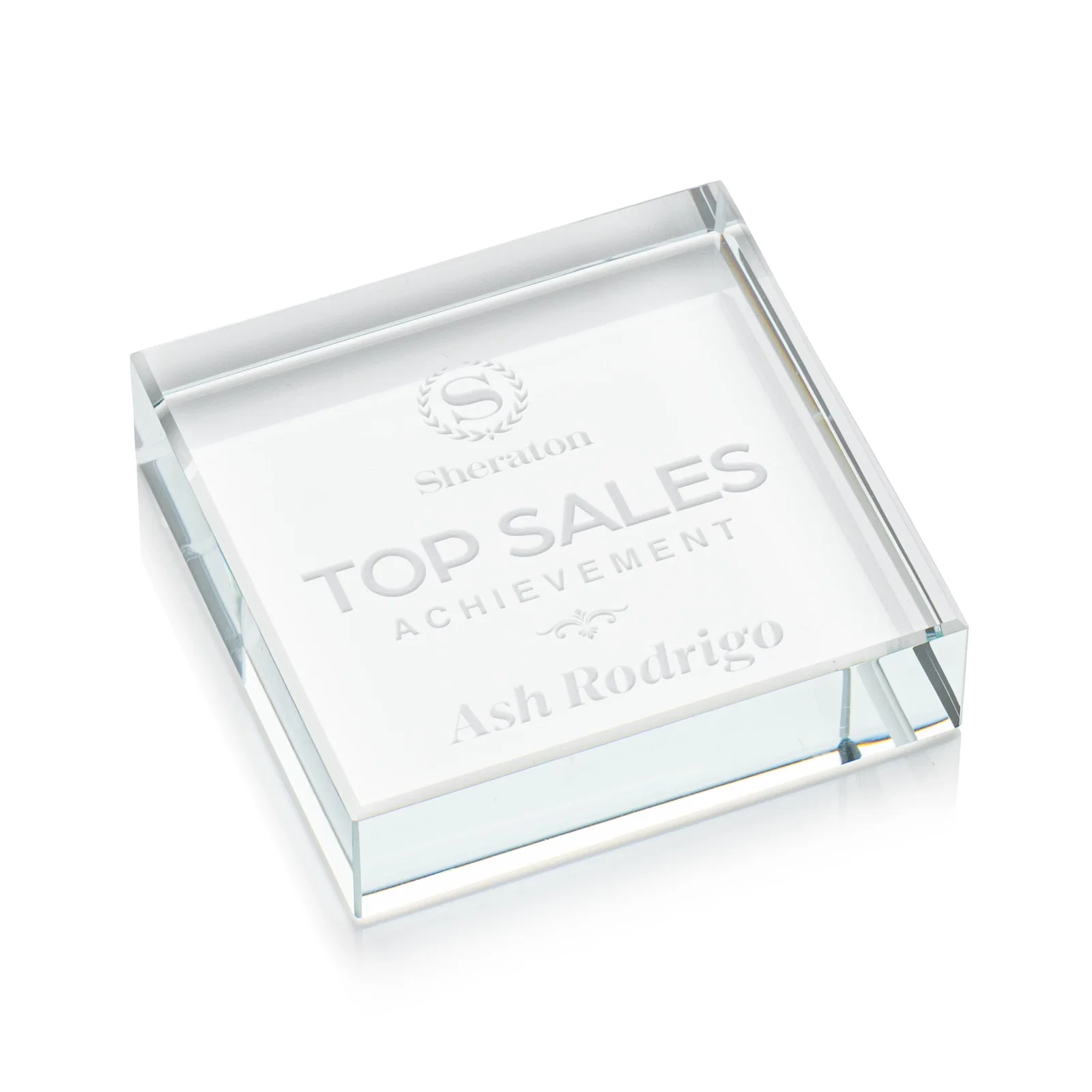 Custom Square Starfire Crystal Paperweight, 2.75" or 3.5" x 0.75", client appreciation gift for corporate award ceremonies