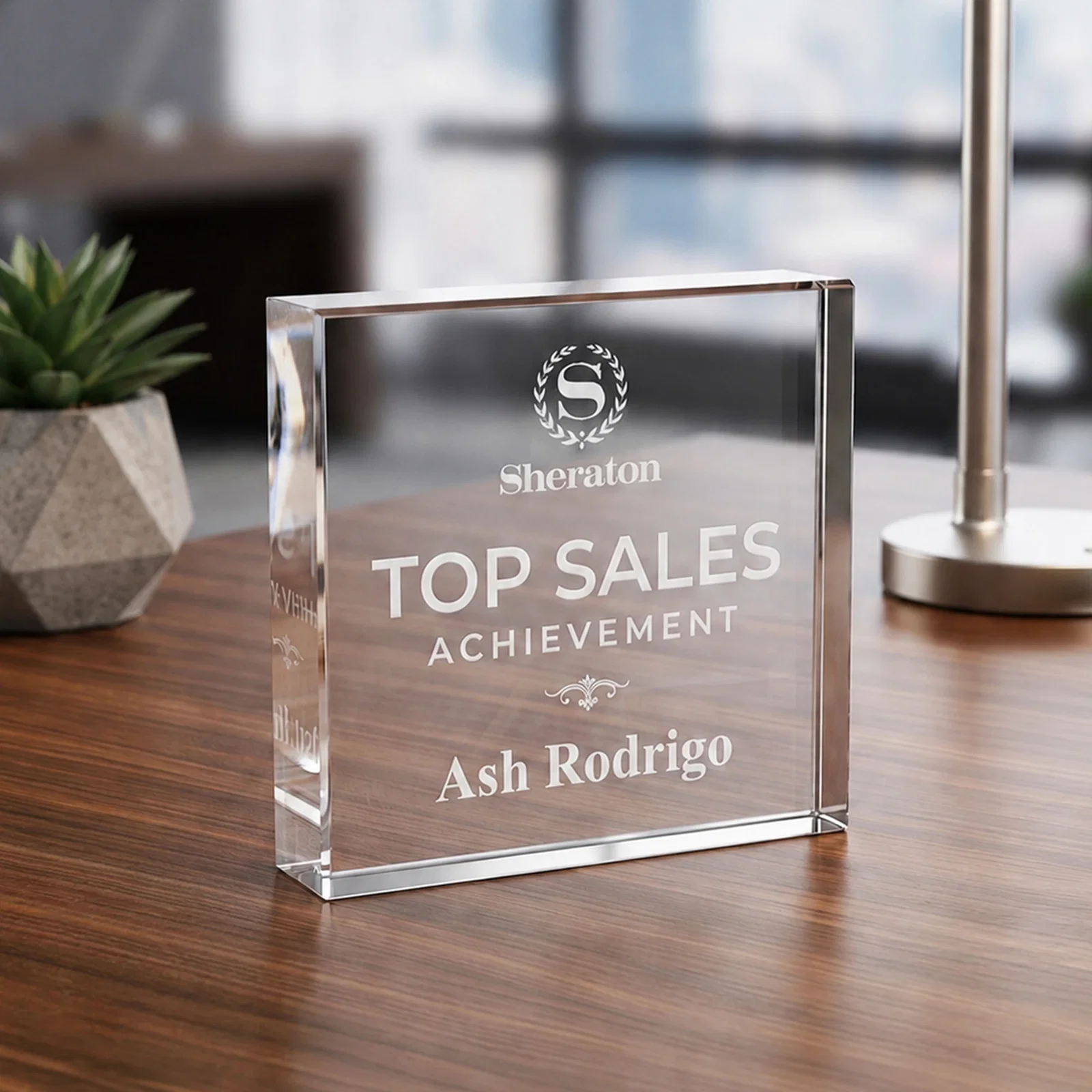 Custom Square Starfire Crystal Paperweight, 2.75" or 3.5" x 0.75", client appreciation gift for retirement presentations