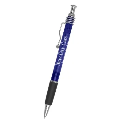 Silver ballpoint pen with a slim tapered barrel shown upright