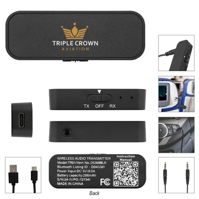 Small black wireless audio transmitter and receiver seen from the front