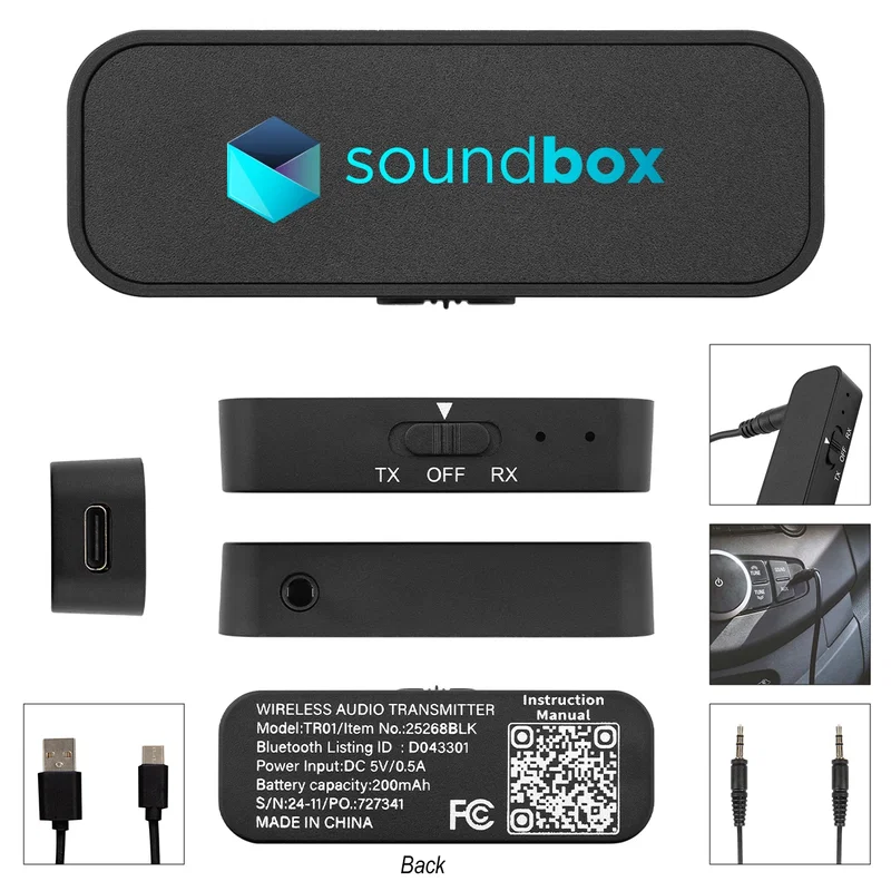 Unit plugged in during use with an audio cable