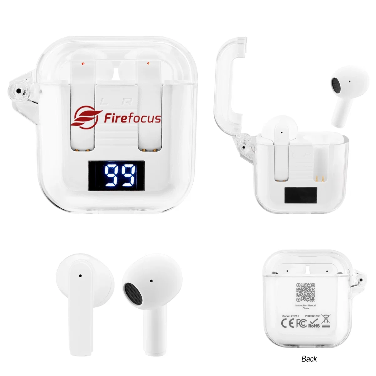 Wireless earbuds in a charging case with a power display
