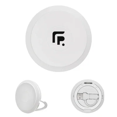 Round wireless charger with a fold out kickstand for phones