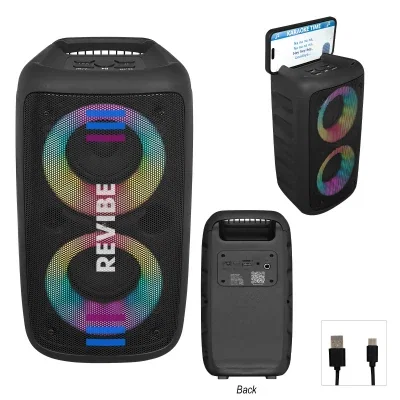 Black speaker tower with a built-in phone holder on top