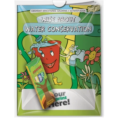 Wise about Water Conservation coloring book combo pack with 4 Fun Pak crayons in poly bag, front view
