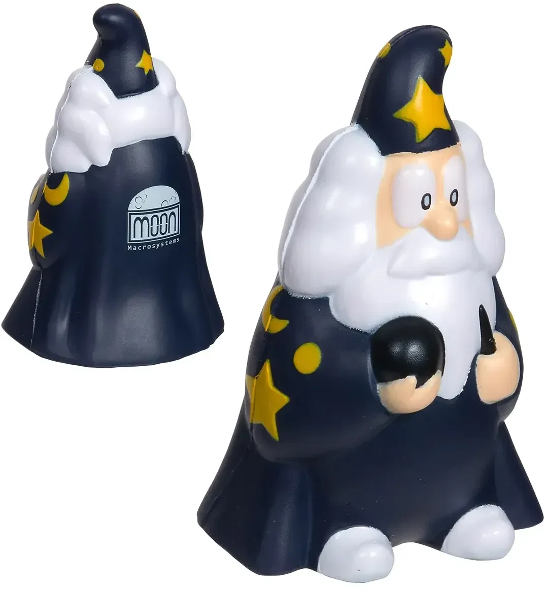 Wizard custom stress reliever molded as a robed wizard, branded gaming and fantasy promotional logo giveaway