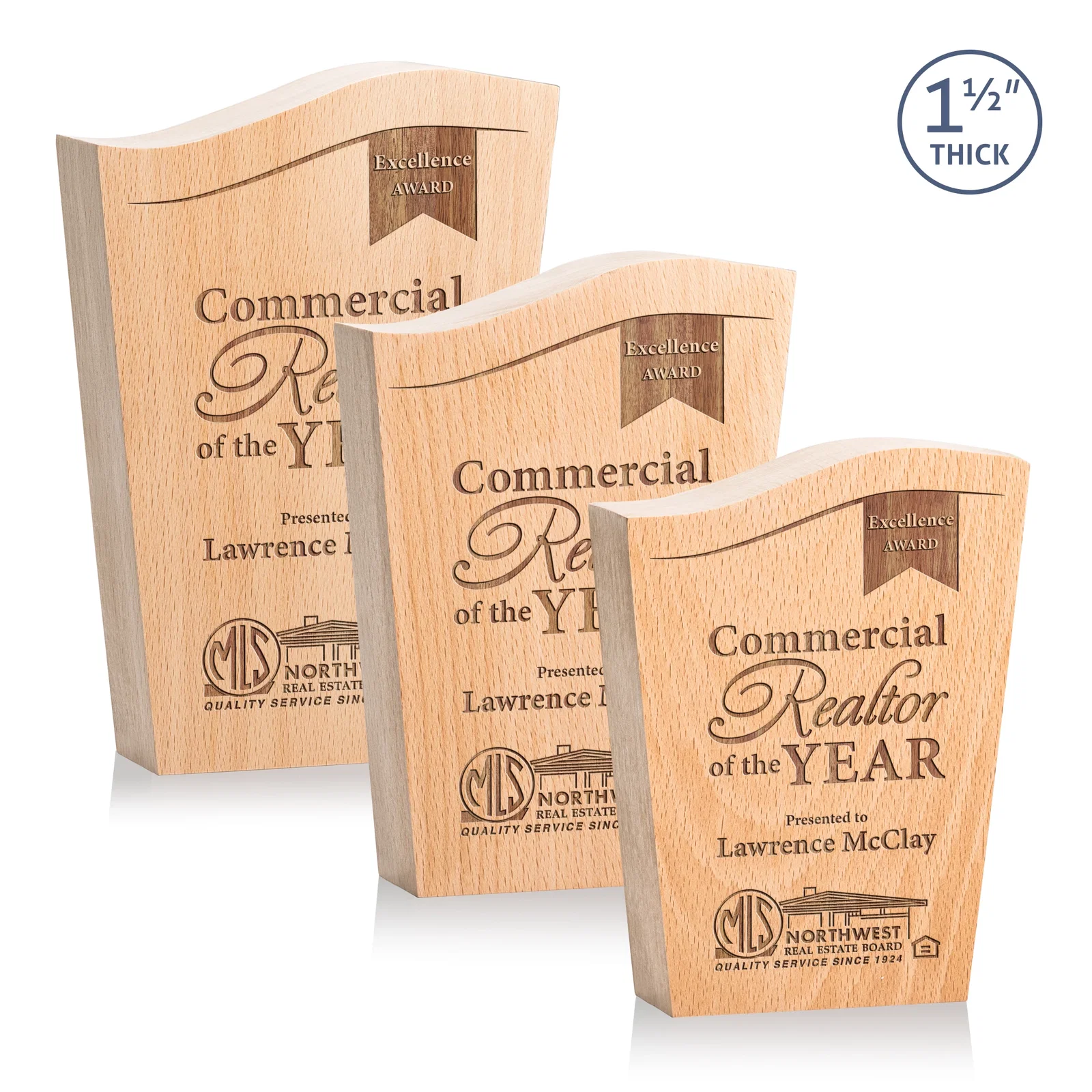 Custom Freestanding Beechwood Award with Contoured Wave Top for employee recognition
