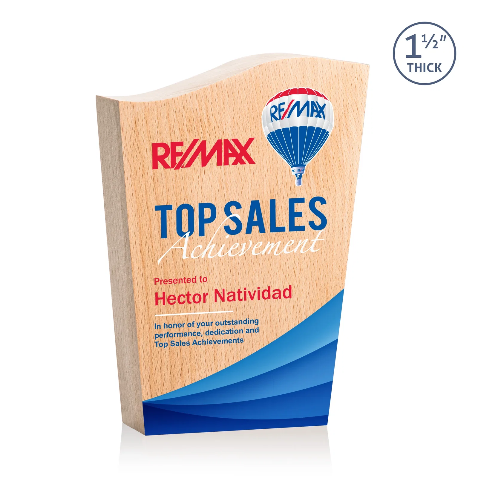 Personalized Freestanding Beechwood Award with Contoured Wave Top for employee recognition