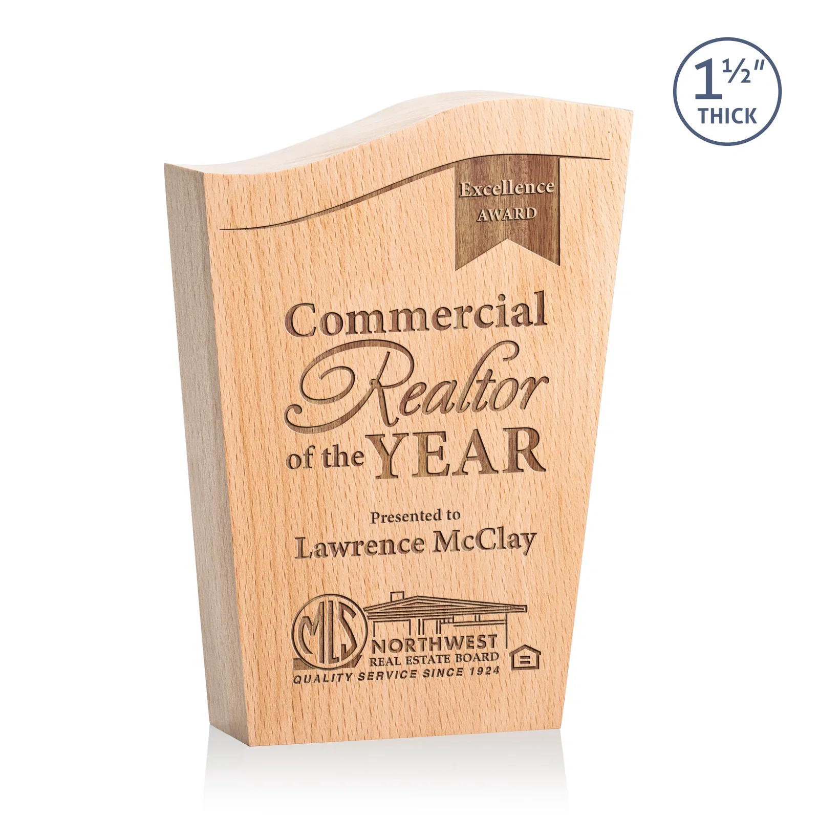 Custom Freestanding Beechwood Award with Contoured Wave Top for service anniversary gifts