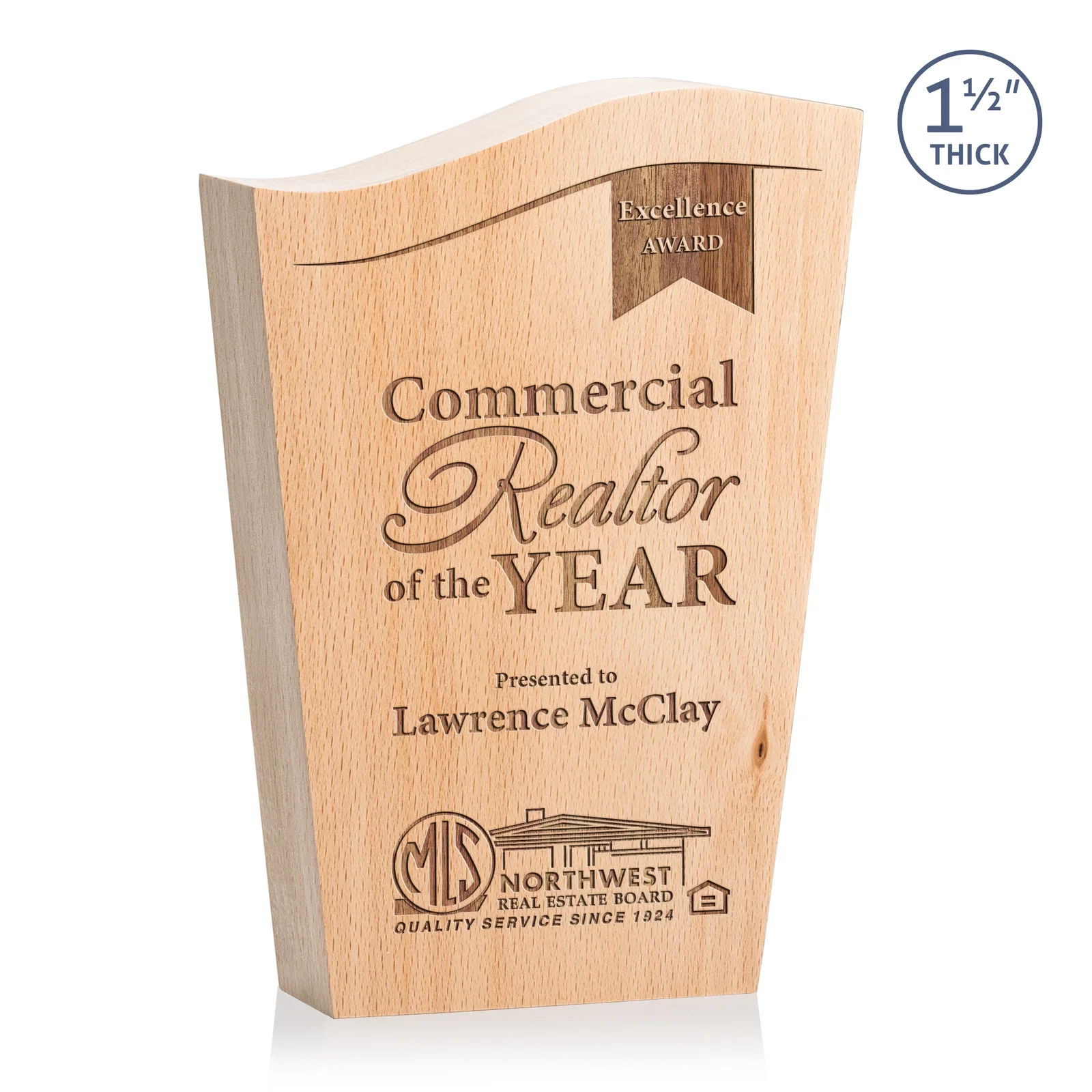 Custom Freestanding Beechwood Award with Contoured Wave Top for sales achievement awards