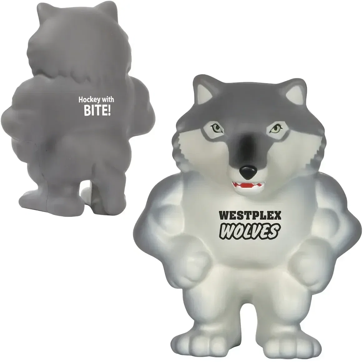 Wolf mascot custom stress reliever, fierce wolf squeeze toy for branded school spirit, front view
