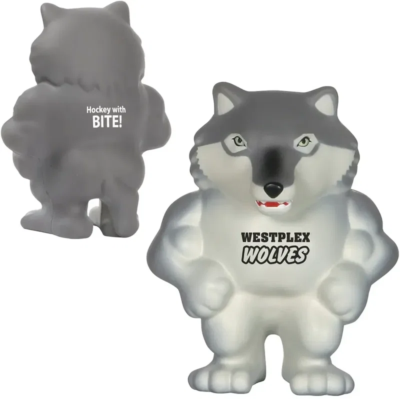 Wolf mascot custom stress reliever, fierce wolf squeeze toy for branded school spirit, front view