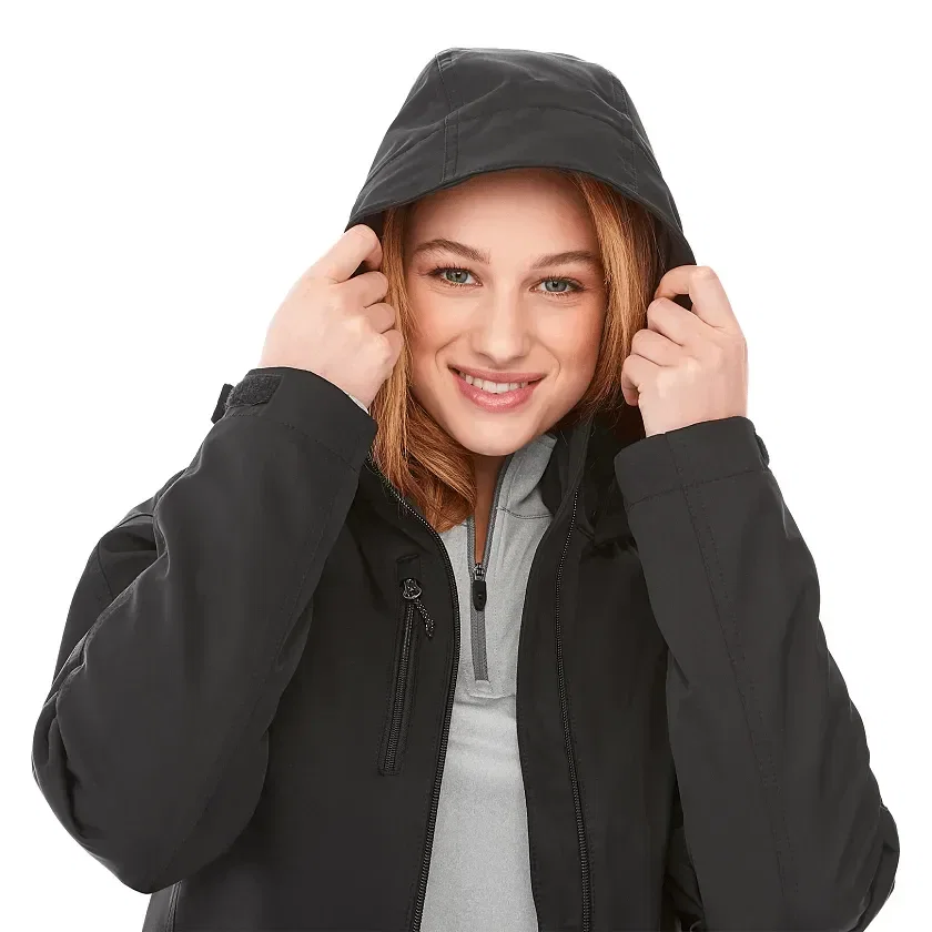 Custom Women's Bryce Insulated Softshell Logo Jacket with Hood being worn