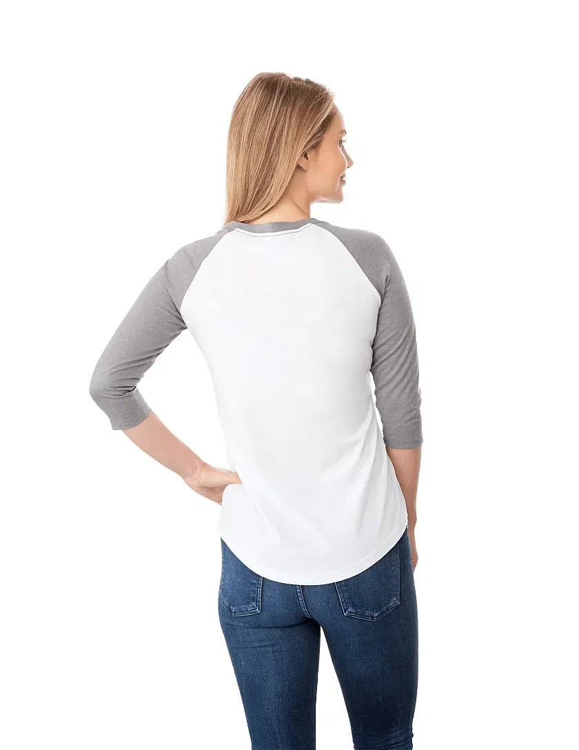 Custom Women's Dakota Three Quarter Raglan Tee being worn
