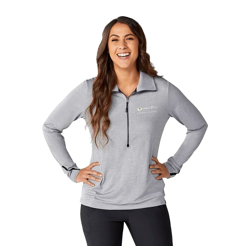 Personalized Women's DEGE Eco Knit Performance Half Zip Pullover being worn
