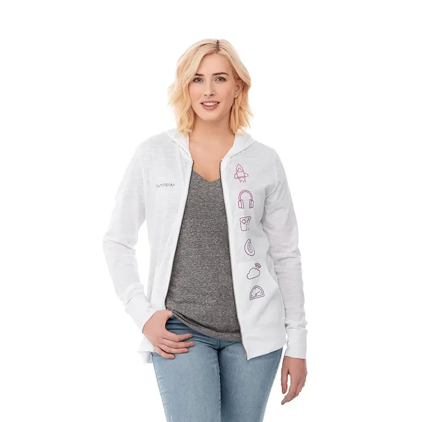 Custom Women's Lightweight Knit Full Zip Garner Hoodie with Thumb Holes — view 4