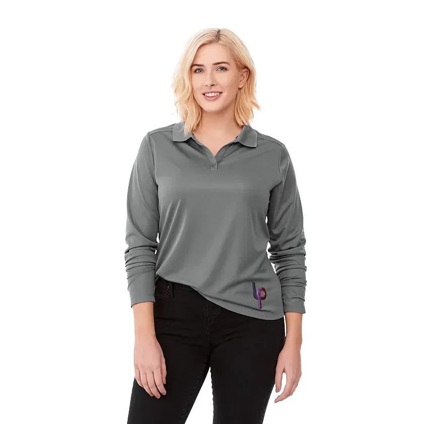 Personalized Women's MORI Performance Polo - Long Sleeve being worn