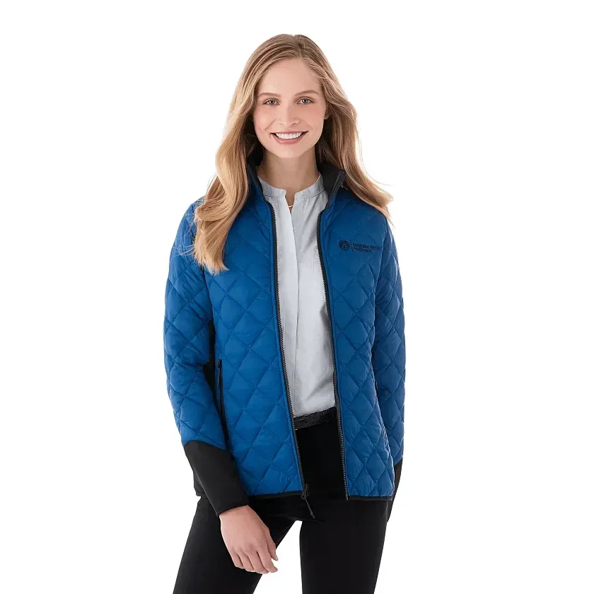 Custom Insulated Hybrid Puffer Jacket for Women being worn