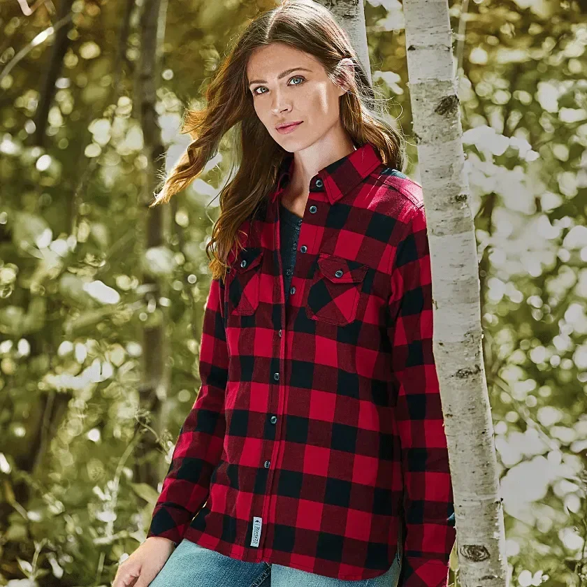 Sprucelake Roots73 Women's Long Sleeve Flannel Shirt being worn