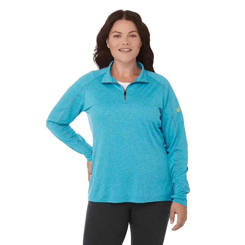 Customized TAZA Performance Knit Quarter Zip for Women with Thumb Holes being worn