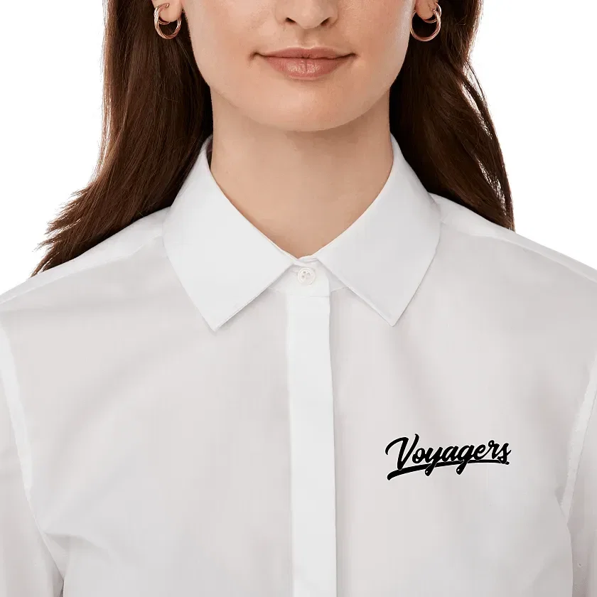 Custom UNTUCKit Tracey Long Sleeve Button Up Shirt for Women being worn