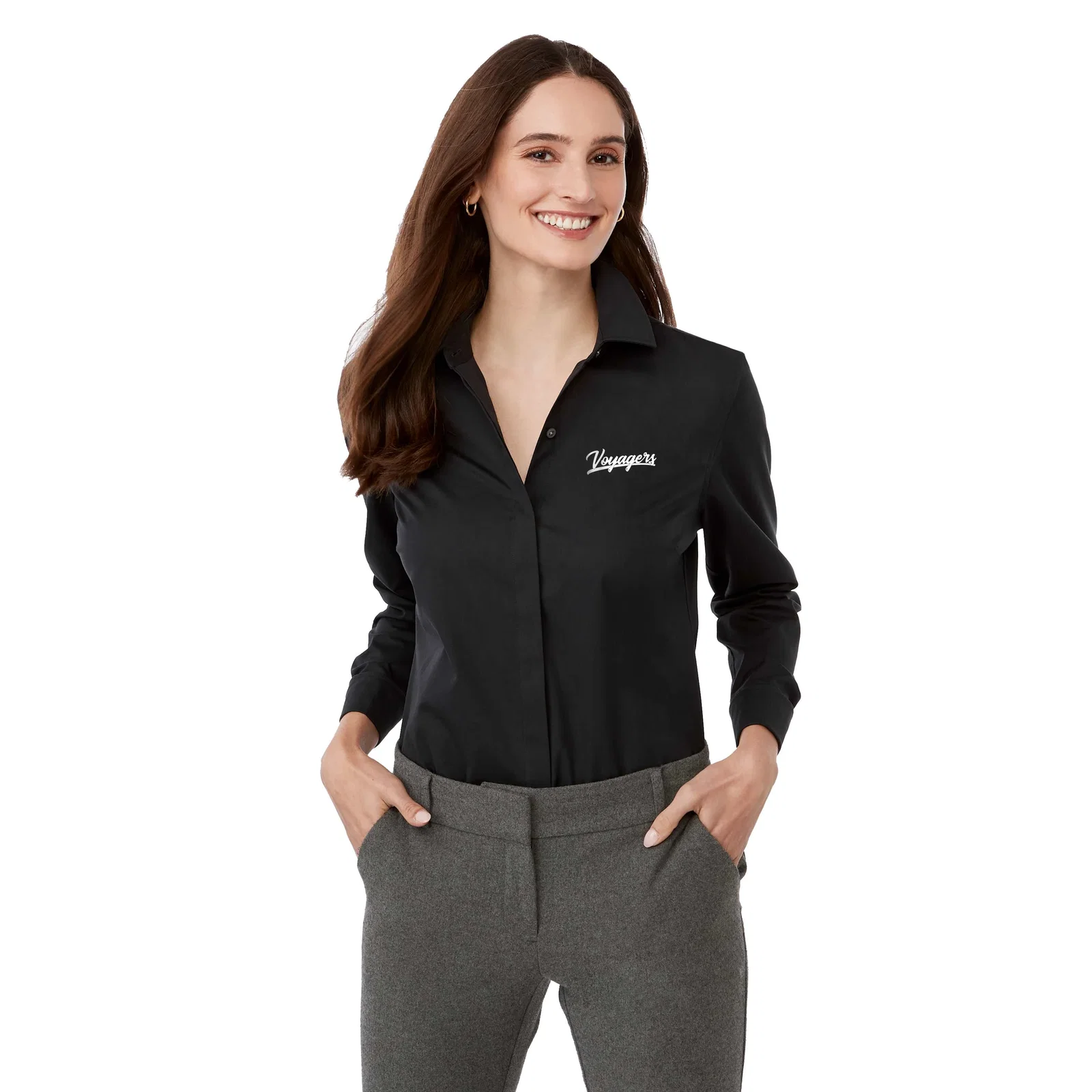 Custom UNTUCKit Tracey Long Sleeve Button Up Shirt for Women — view 46