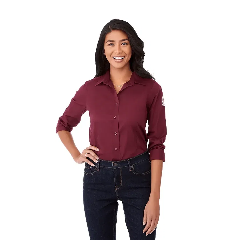 Custom Branded Wilshire Long Sleeve Button-Up Shirt for Women being worn