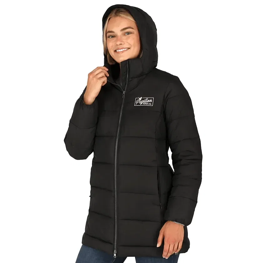 Custom Branded Geneva Eco Long Packable Insulated Jacket for Women being worn