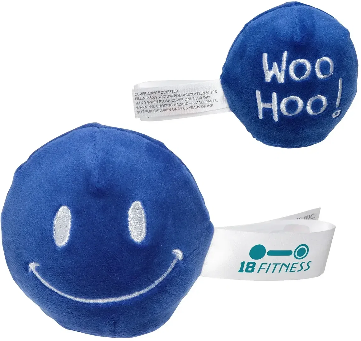 Custom Woo Hoo Plush Stress Buster, front view of the embroidered branded plush stress toy for logo gifts