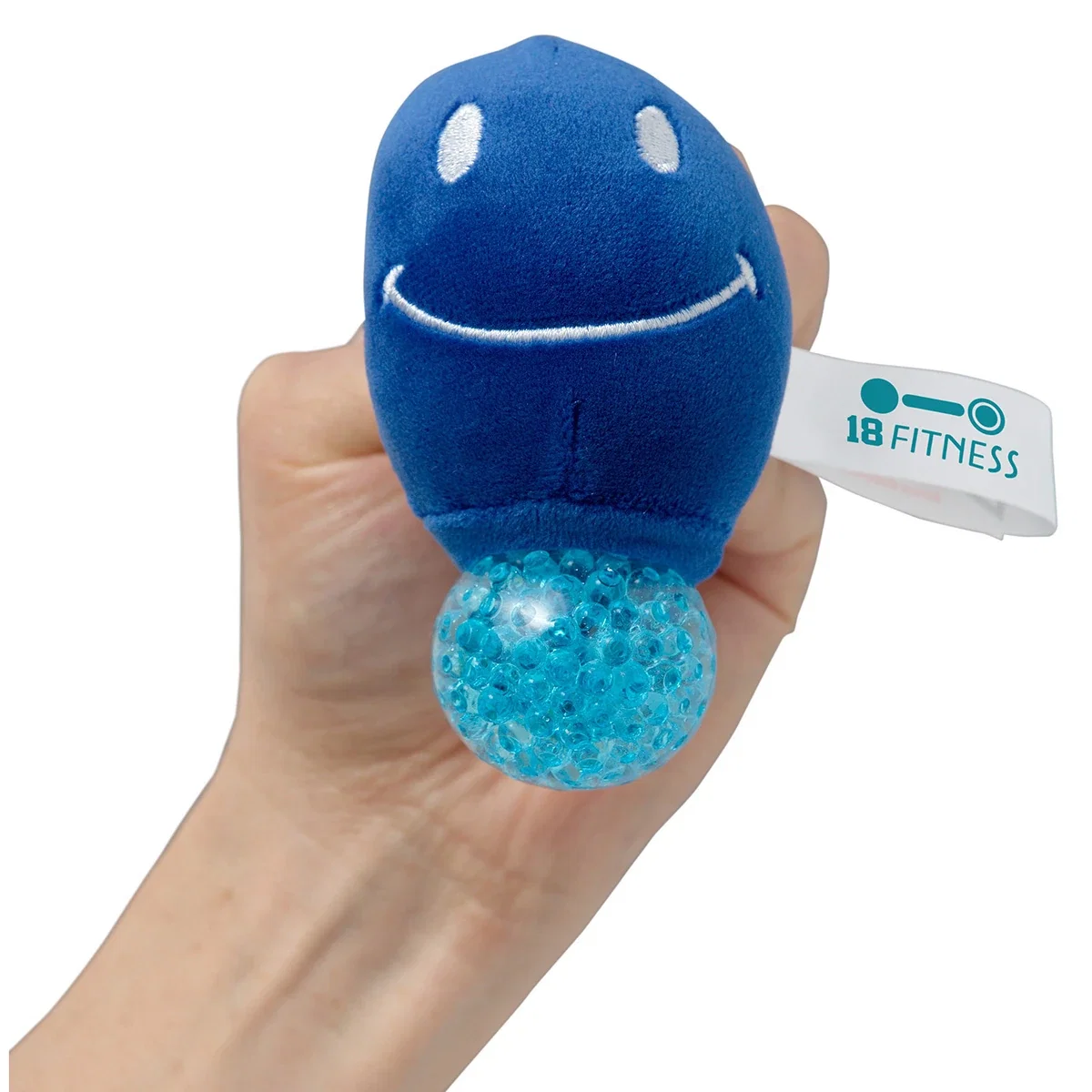 Side view of the custom Woo Hoo Plush Stress Buster gel-bead squeeze toy for promotional branded logo gifts