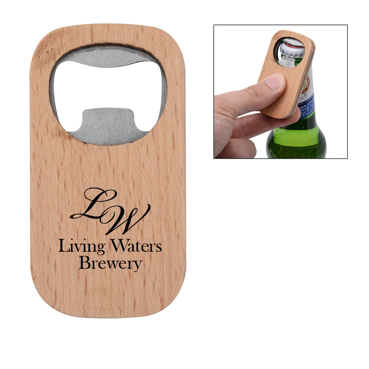 Bamboo bottle opener with a natural wood grain finish